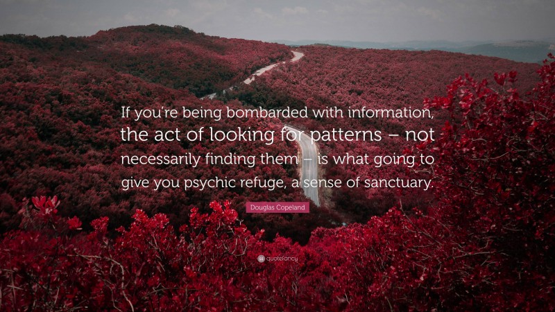Douglas Copeland Quote: “If you’re being bombarded with information, the act of looking for patterns – not necessarily finding them – is what going to give you psychic refuge, a sense of sanctuary.”