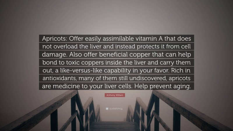 Anthony William Quote: “Apricots: Offer easily assimilable vitamin A that does not overload the liver and instead protects it from cell damage. Also offer beneficial copper that can help bond to toxic coppers inside the liver and carry them out, a like-versus-like capability in your favor. Rich in antioxidants, many of them still undiscovered, apricots are medicine to your liver cells. Help prevent aging.”