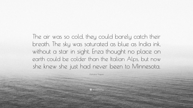 Adriana Trigiani Quote: “The air was so cold, they could barely catch their breath. The sky was saturated as blue as India ink, without a star in sight. Enza thought no place on earth could be colder than the Italian Alps, but now she knew she just had never been to Minnesota.”