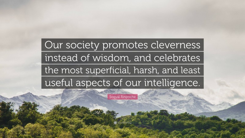 Sogyal Rinpoche Quote: “Our society promotes cleverness instead of wisdom, and celebrates the most superficial, harsh, and least useful aspects of our intelligence.”