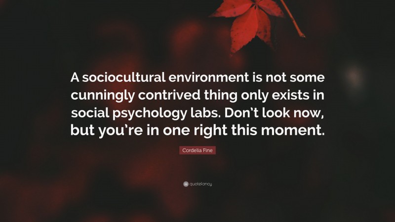 Cordelia Fine Quote: “A sociocultural environment is not some cunningly contrived thing only exists in social psychology labs. Don’t look now, but you’re in one right this moment.”