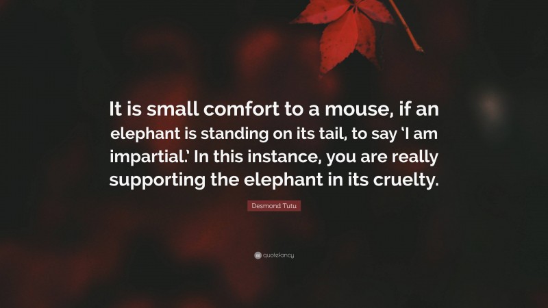 Desmond Tutu Quote: “It is small comfort to a mouse, if an elephant is standing on its tail, to say ‘I am impartial.’ In this instance, you are really supporting the elephant in its cruelty.”