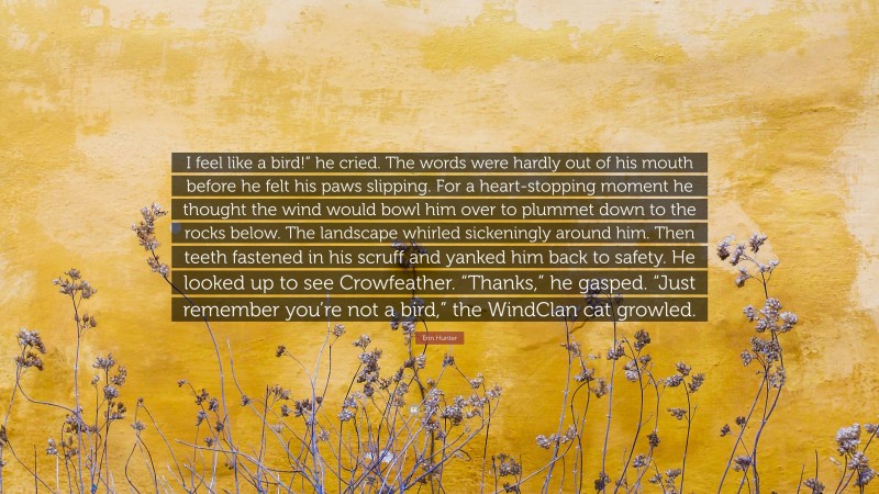 Erin Hunter Quote: “I feel like a bird!” he cried. The words were hardly out of his mouth before he felt his paws slipping. For a heart-stopping moment he thought the wind would bowl him over to plummet down to the rocks below. The landscape whirled sickeningly around him. Then teeth fastened in his scruff and yanked him back to safety. He looked up to see Crowfeather. “Thanks,” he gasped. “Just remember you’re not a bird,” the WindClan cat growled.”