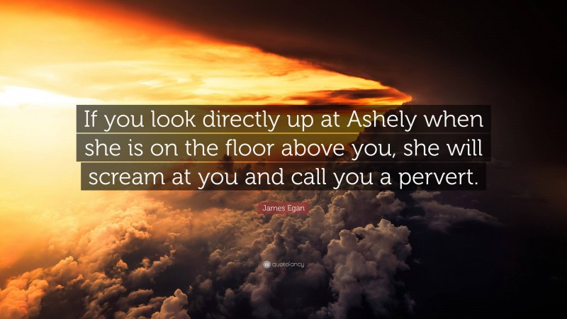 James Egan Quote: “If you look directly up at Ashely when she is on the floor above you, she will scream at you and call you a pervert.”