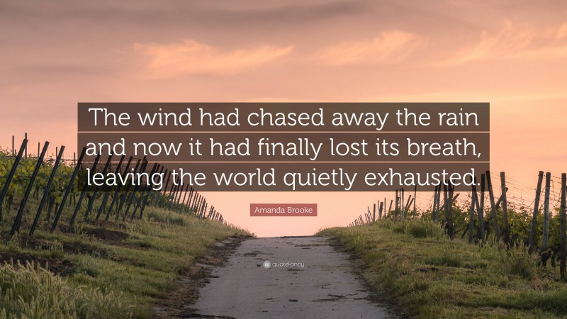 Amanda Brooke Quote: “The wind had chased away the rain and now it had finally lost its breath, leaving the world quietly exhausted.”