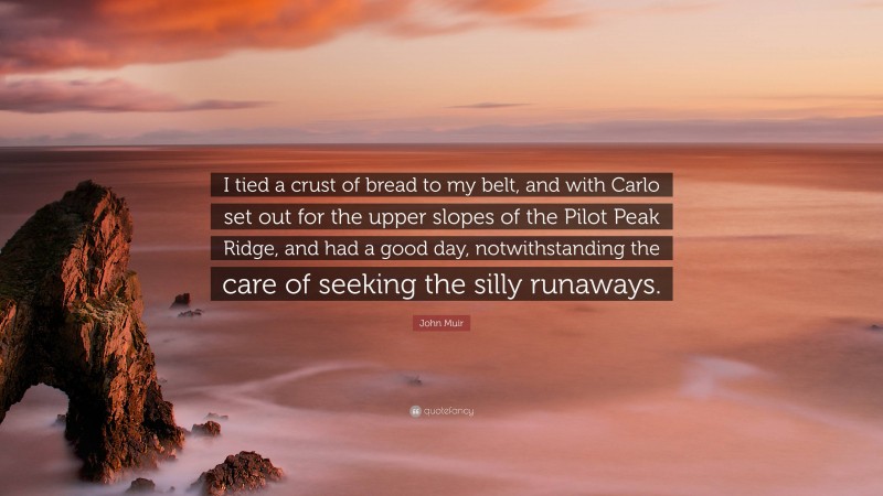 John Muir Quote: “I tied a crust of bread to my belt, and with Carlo set out for the upper slopes of the Pilot Peak Ridge, and had a good day, notwithstanding the care of seeking the silly runaways.”