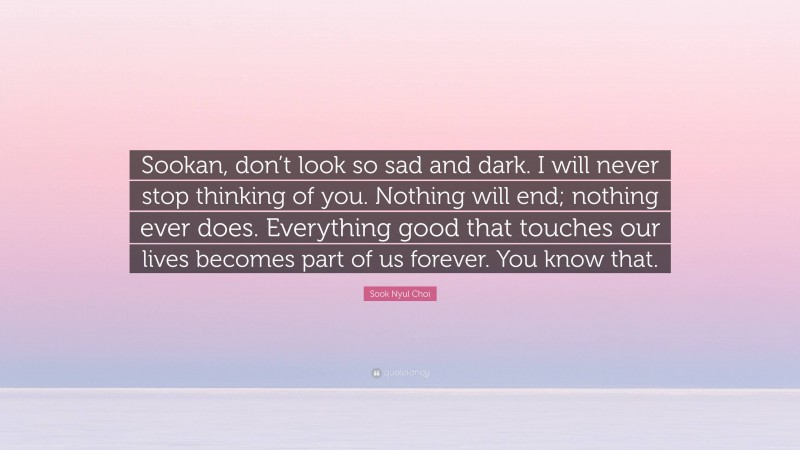 Sook Nyul Choi Quote: “Sookan, don’t look so sad and dark. I will never stop thinking of you. Nothing will end; nothing ever does. Everything good that touches our lives becomes part of us forever. You know that.”