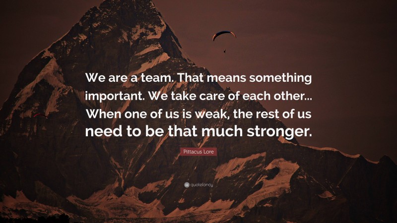 Pittacus Lore Quote: “We are a team. That means something important. We take care of each other... When one of us is weak, the rest of us need to be that much stronger.”