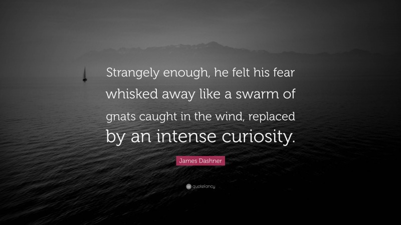 James Dashner Quote: “Strangely enough, he felt his fear whisked away like a swarm of gnats caught in the wind, replaced by an intense curiosity.”