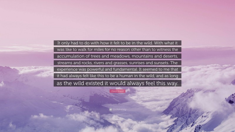 Cheryl Strayed Quote: “It only had to do with how it felt to be in the wild. With what it was like to walk for miles for no reason other than to witness the accumulation of trees and meadows, mountains and deserts, streams and rocks, rivers and grasses, sunrises and sunsets. The experience was powerful and fundamental. It seemed to me that it had always felt like this to be a human in the wild, and as long as the wild existed it would always feel this way.”