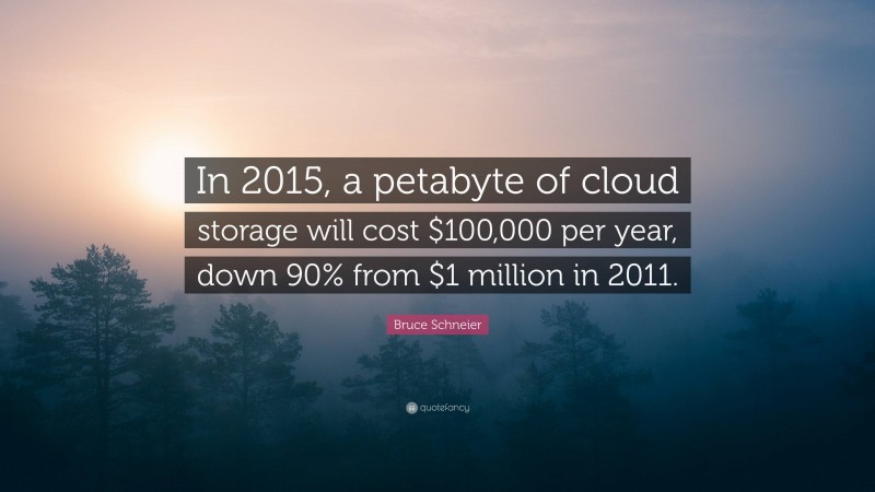 Bruce Schneier Quote: “In 2015, a petabyte of cloud storage will cost $100,000 per year, down 90% from $1 million in 2011.”