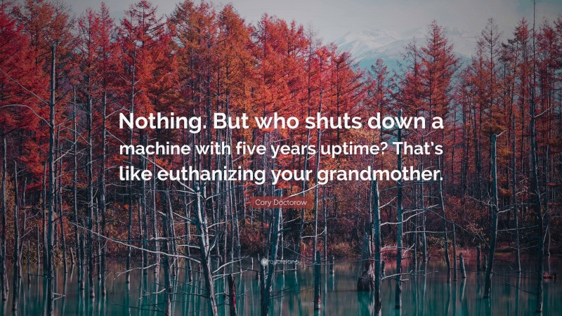 Cory Doctorow Quote: “Nothing. But who shuts down a machine with five years uptime? That’s like euthanizing your grandmother.”