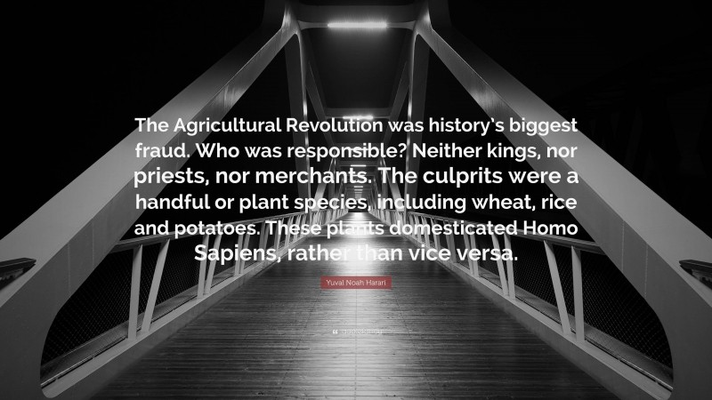 Yuval Noah Harari Quote: “The Agricultural Revolution was history’s biggest fraud. Who was responsible? Neither kings, nor priests, nor merchants. The culprits were a handful or plant species, including wheat, rice and potatoes. These plants domesticated Homo Sapiens, rather than vice versa.”