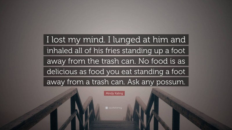 Mindy Kaling Quote: “I lost my mind. I lunged at him and inhaled all of his fries standing up a foot away from the trash can. No food is as delicious as food you eat standing a foot away from a trash can. Ask any possum.”