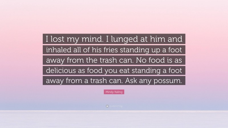 Mindy Kaling Quote: “I lost my mind. I lunged at him and inhaled all of his fries standing up a foot away from the trash can. No food is as delicious as food you eat standing a foot away from a trash can. Ask any possum.”