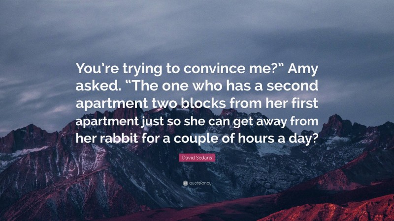 David Sedaris Quote: “You’re trying to convince me?” Amy asked. “The one who has a second apartment two blocks from her first apartment just so she can get away from her rabbit for a couple of hours a day?”