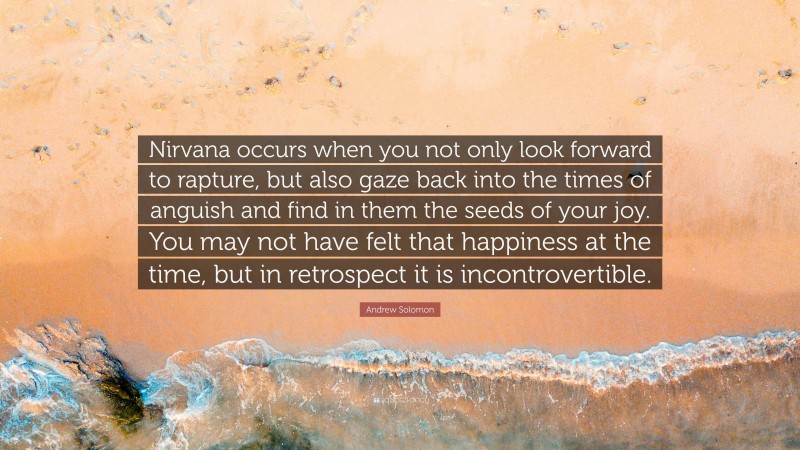 Andrew Solomon Quote: “Nirvana occurs when you not only look forward to rapture, but also gaze back into the times of anguish and find in them the seeds of your joy. You may not have felt that happiness at the time, but in retrospect it is incontrovertible.”