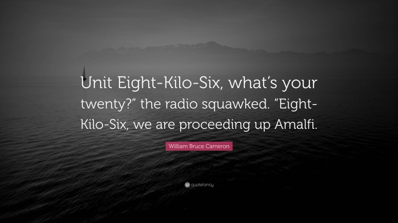 William Bruce Cameron Quote: “Unit Eight-Kilo-Six, what’s your twenty?” the radio squawked. “Eight-Kilo-Six, we are proceeding up Amalfi.”
