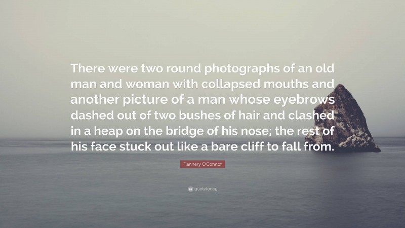 Flannery O'Connor Quote: “There were two round photographs of an old man and woman with collapsed mouths and another picture of a man whose eyebrows dashed out of two bushes of hair and clashed in a heap on the bridge of his nose; the rest of his face stuck out like a bare cliff to fall from.”