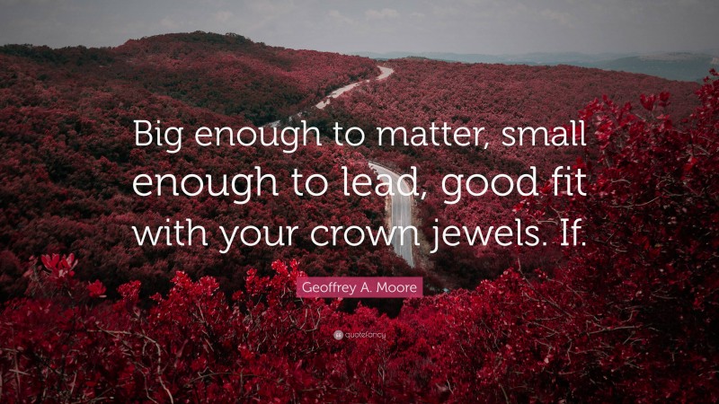 Geoffrey A. Moore Quote: “Big enough to matter, small enough to lead, good fit with your crown jewels. If.”