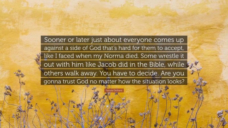 Sandra Orchard Quote: “Sooner or later just about everyone comes up against a side of God that’s hard for them to accept, like I faced when my Norma died. Some wrestle it out with him like Jacob did in the Bible, while others walk away. You have to decide. Are you gonna trust God no matter how the situation looks?”