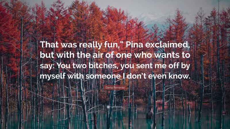 Elena Ferrante Quote: “That was really fun,” Pina exclaimed, but with the air of one who wants to say: You two bitches, you sent me off by myself with someone I don’t even know.”