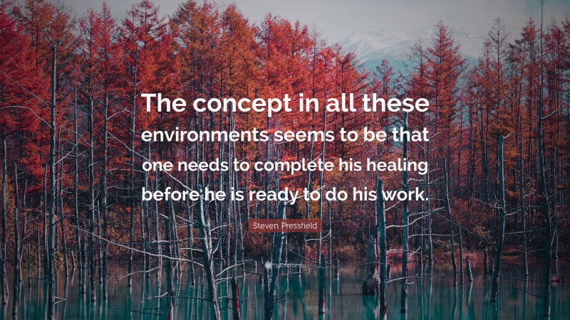 Steven Pressfield Quote: “The concept in all these environments seems to be that one needs to complete his healing before he is ready to do his work.”