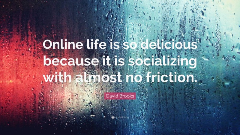 David Brooks Quote: “Online life is so delicious because it is socializing with almost no friction.”