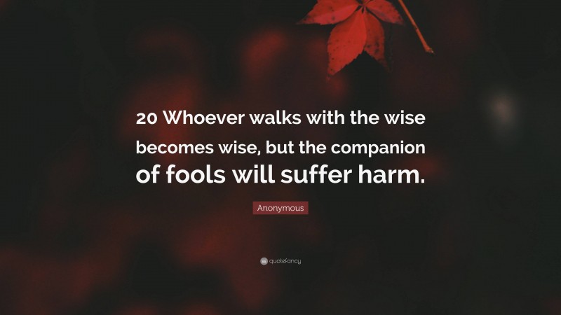 Anonymous Quote: “20 Whoever walks with the wise becomes wise, but the companion of fools will suffer harm.”