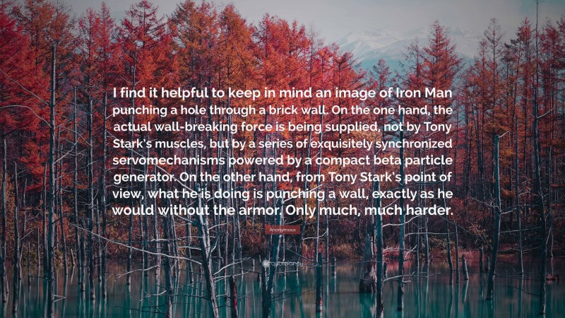 Anonymous Quote: “I find it helpful to keep in mind an image of Iron Man punching a hole through a brick wall. On the one hand, the actual wall-breaking force is being supplied, not by Tony Stark’s muscles, but by a series of exquisitely synchronized servomechanisms powered by a compact beta particle generator. On the other hand, from Tony Stark’s point of view, what he is doing is punching a wall, exactly as he would without the armor. Only much, much harder.”