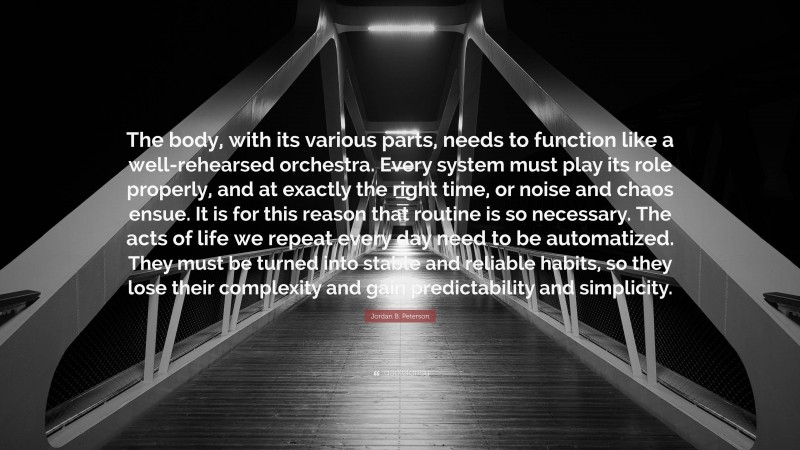 The body, with its various parts, needs to function like a well-rehearsed orchestra. Every system must play its role properly, and at exactly the right time, or noise and chaos ensue. It is for this reason that routine is so necessary. The acts of life we repeat every day need to be automatized. They must be turned into stable and reliable habits, so they lose their complexity and gain predictability and simplicity.