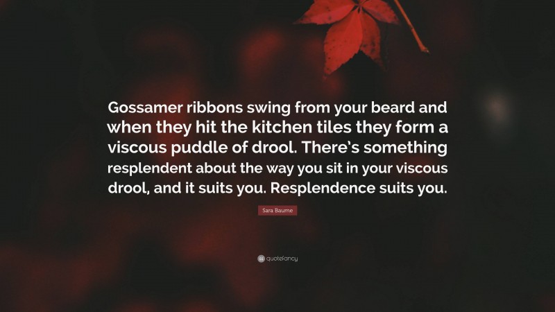 Sara Baume Quote: “Gossamer ribbons swing from your beard and when they hit the kitchen tiles they form a viscous puddle of drool. There’s something resplendent about the way you sit in your viscous drool, and it suits you. Resplendence suits you.”