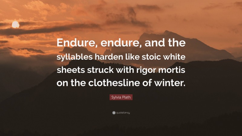 Sylvia Plath Quote: “Endure, endure, and the syllables harden like stoic white sheets struck with rigor mortis on the clothesline of winter.”