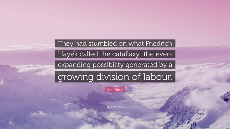 Matt Ridley Quote: “They had stumbled on what Friedrich Hayek called the catallaxy: the ever-expanding possibility generated by a growing division of labour.”