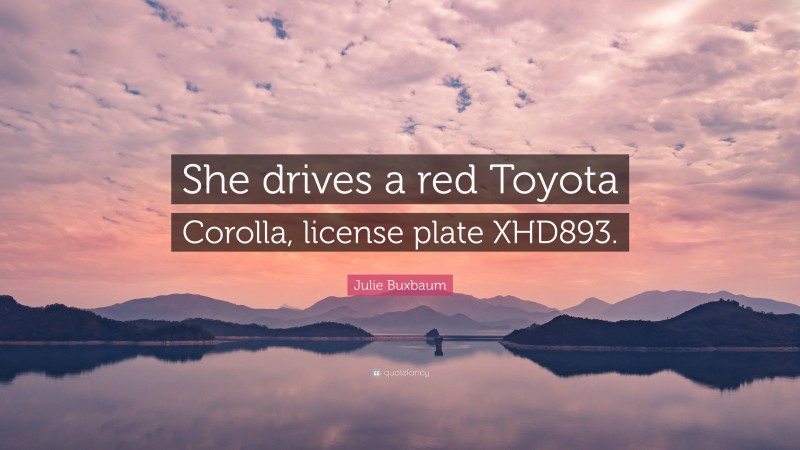 Julie Buxbaum Quote: “She drives a red Toyota Corolla, license plate XHD893.”
