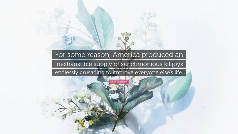 Jake Needham Quote: “For some reason, America produced an inexhaustible supply of sanctimonious killjoys endlessly crusading to improve everyone else’s life.”