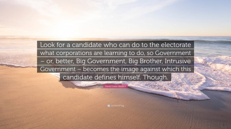 David Foster Wallace Quote: “Look for a candidate who can do to the electorate what corporations are learning to do, so Government – or, better, Big Government, Big Brother, Intrusive Government – becomes the image against which this candidate defines himself. Though.”