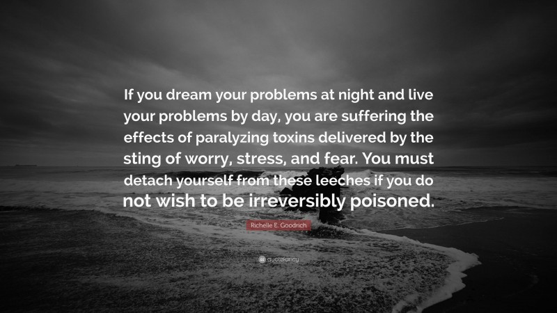 Richelle E. Goodrich Quote: “If you dream your problems at night and live your problems by day, you are suffering the effects of paralyzing toxins delivered by the sting of worry, stress, and fear. You must detach yourself from these leeches if you do not wish to be irreversibly poisoned.”
