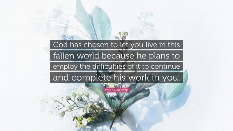 Paul David Tripp Quote: “God has chosen to let you live in this fallen world because he plans to employ the difficulties of it to continue and complete his work in you.”