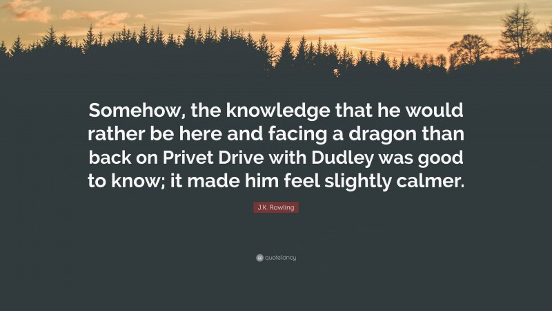 J.K. Rowling Quote: “Somehow, the knowledge that he would rather be here and facing a dragon than back on Privet Drive with Dudley was good to know; it made him feel slightly calmer.”