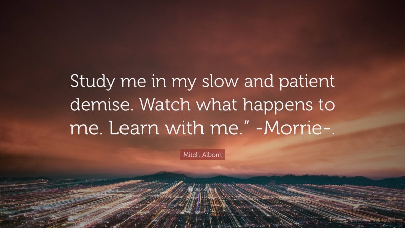 Mitch Albom Quote: “Study me in my slow and patient demise. Watch what happens to me. Learn with me.” -Morrie-.”