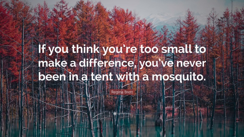 Regina Brett Quote: “If you think you’re too small to make a difference, you’ve never been in a tent with a mosquito.”