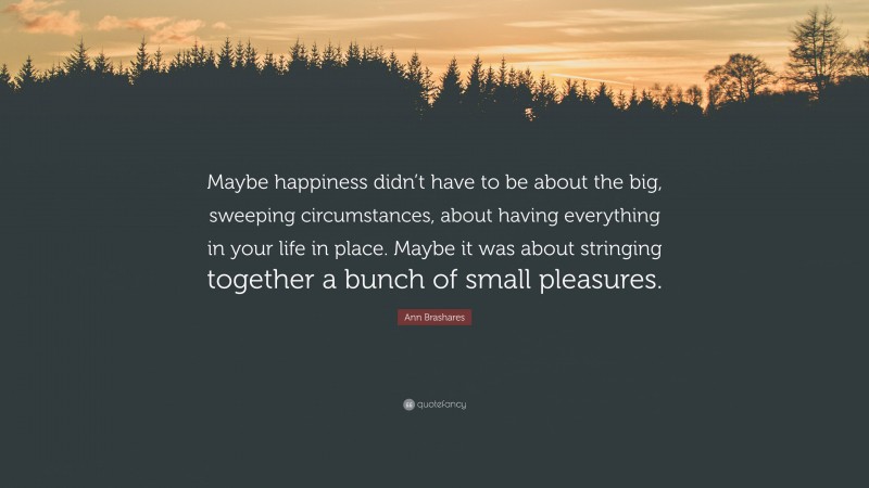 Ann Brashares Quote: “Maybe happiness didn’t have to be about the big, sweeping circumstances, about having everything in your life in place. Maybe it was about stringing together a bunch of small pleasures.”