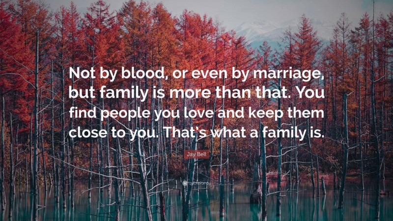 Jay Bell Quote: “Not by blood, or even by marriage, but family is more than that. You find people you love and keep them close to you. That’s what a family is.”