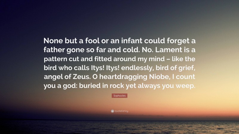 Sophocles Quote: “None but a fool or an infant could forget a father gone so far and cold. No. Lament is a pattern cut and fitted around my mind – like the bird who calls Itys! Itys! endlessly, bird of grief, angel of Zeus. O heartdragging Niobe, I count you a god: buried in rock yet always you weep.”