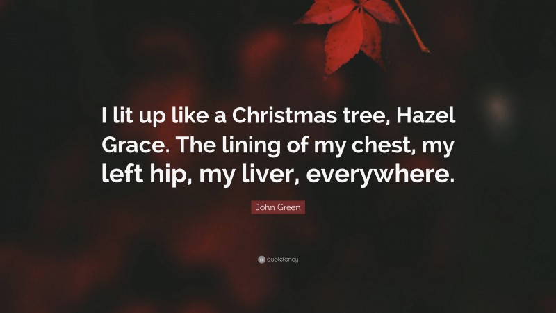 John Green Quote: “I lit up like a Christmas tree, Hazel Grace. The lining of my chest, my left hip, my liver, everywhere.”