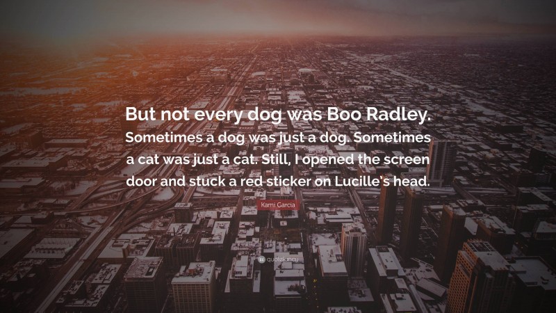 Kami Garcia Quote: “But not every dog was Boo Radley. Sometimes a dog was just a dog. Sometimes a cat was just a cat. Still, I opened the screen door and stuck a red sticker on Lucille’s head.”