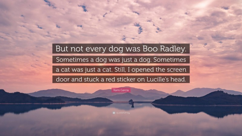 Kami Garcia Quote: “But not every dog was Boo Radley. Sometimes a dog was just a dog. Sometimes a cat was just a cat. Still, I opened the screen door and stuck a red sticker on Lucille’s head.”