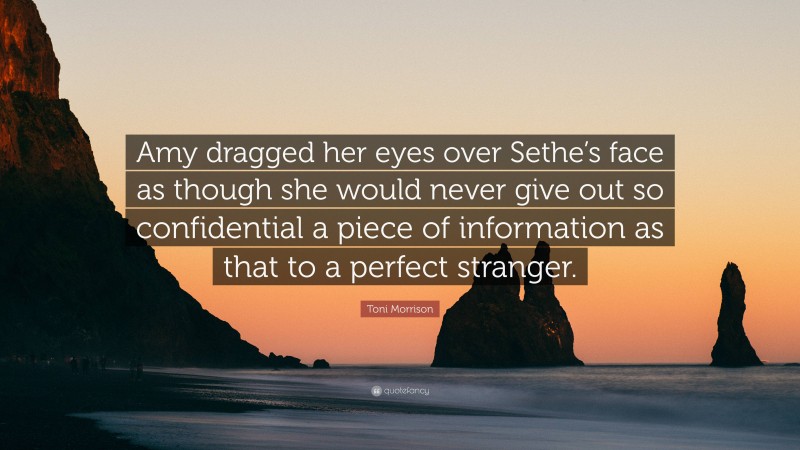 Toni Morrison Quote: “Amy dragged her eyes over Sethe’s face as though she would never give out so confidential a piece of information as that to a perfect stranger.”