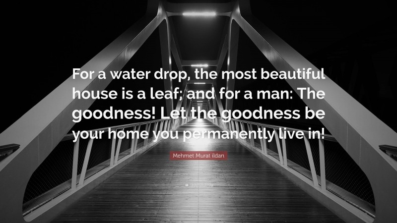 Mehmet Murat ildan Quote: “For a water drop, the most beautiful house is a leaf; and for a man: The goodness! Let the goodness be your home you permanently live in!”